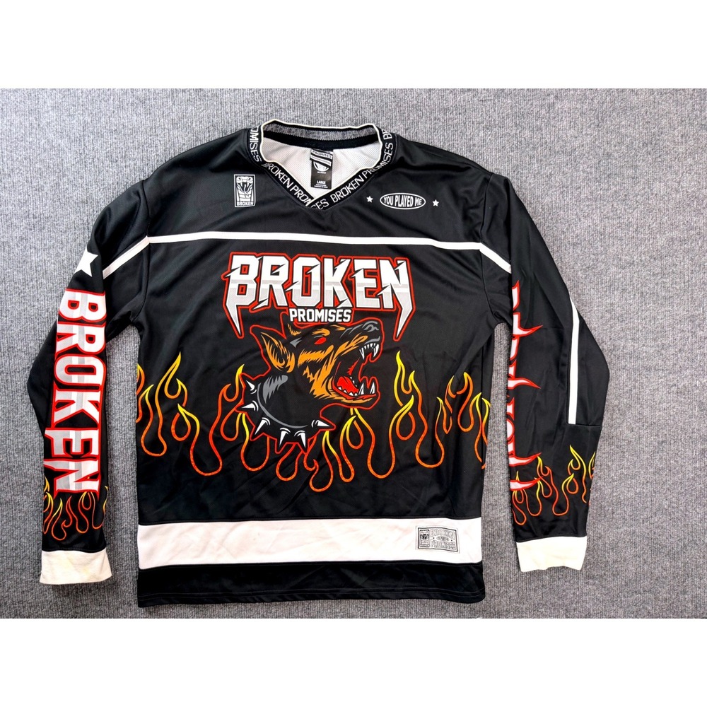 Broken Promises Jersey Large Black Doberman Flames Streetwear Graphic Hockey Men